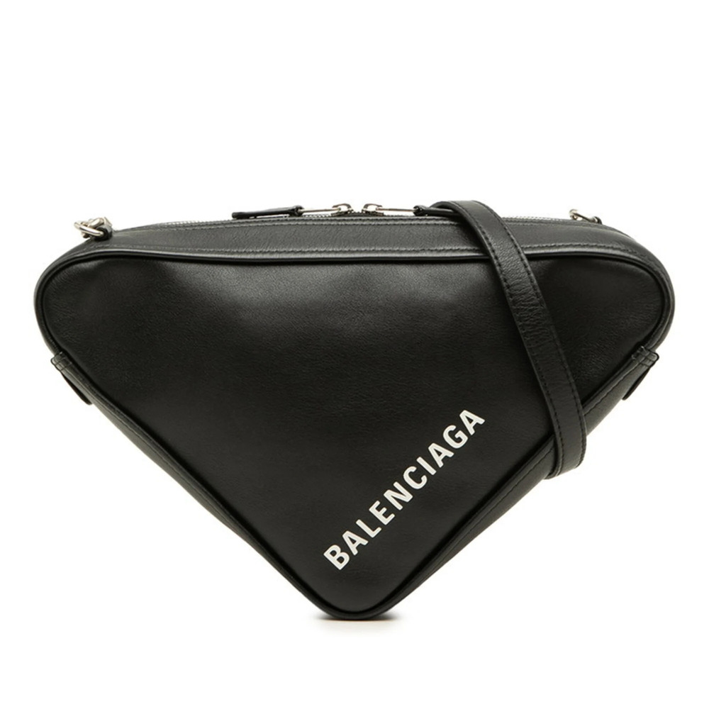 Balenciaga Triangle Logo Print Crossbody Chain Shoulder Bag 516666 Black Leat...